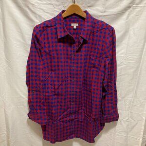 Talbots Women L Button Up Red Blue Plaid Check Fall Lumberjack Long Top Cotton